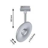 Silberner LED-Deckenspot mit runder Leuchte und verstellbarem Arm, Maße 183x120x32 mm