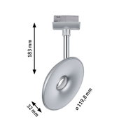 Silver LED spotlight with round light and adjustable head, dimensions 183 mm height, 119.8 mm diameter