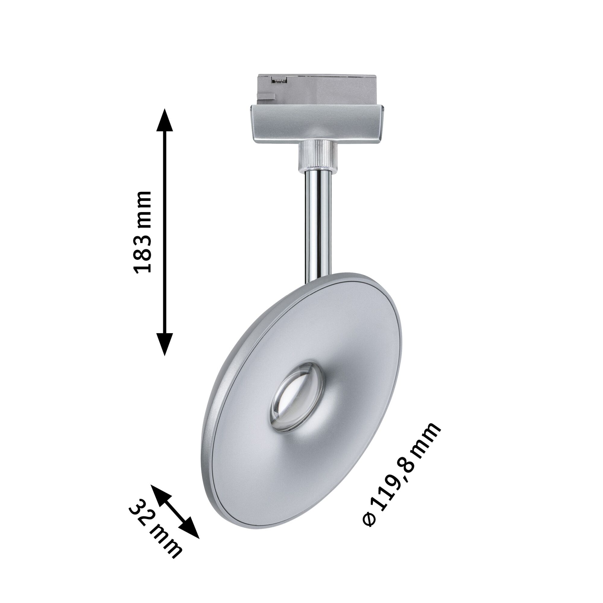 Silberner LED-Strahler mit runder Leuchte und verstellbarem Kopf, Maße 183 mm Höhe, 119,8 mm Durchmesser