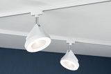 Two white LED ceiling spotlights in plastic on track system for modern room lighting