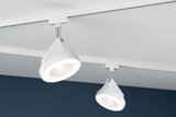 Two white LED ceiling spotlights in plastic on track system for modern room lighting