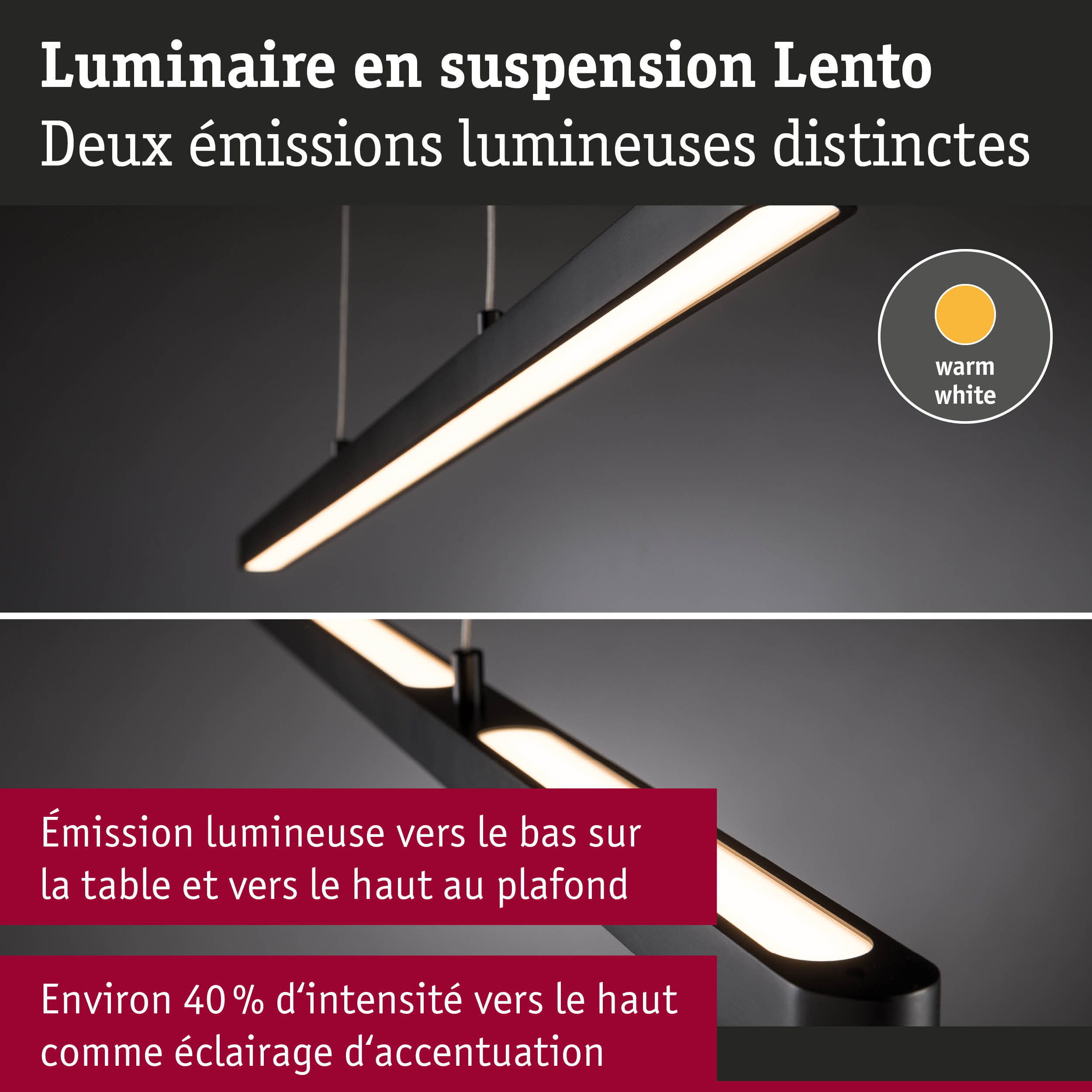 Luminaire suspendu Lento noir avec lumière blanc chaud et deux émissions lumineuses distinctes