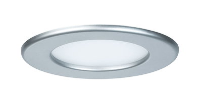 Round LED recessed light with silver aluminum frame and white diffuser for modern room lighting
