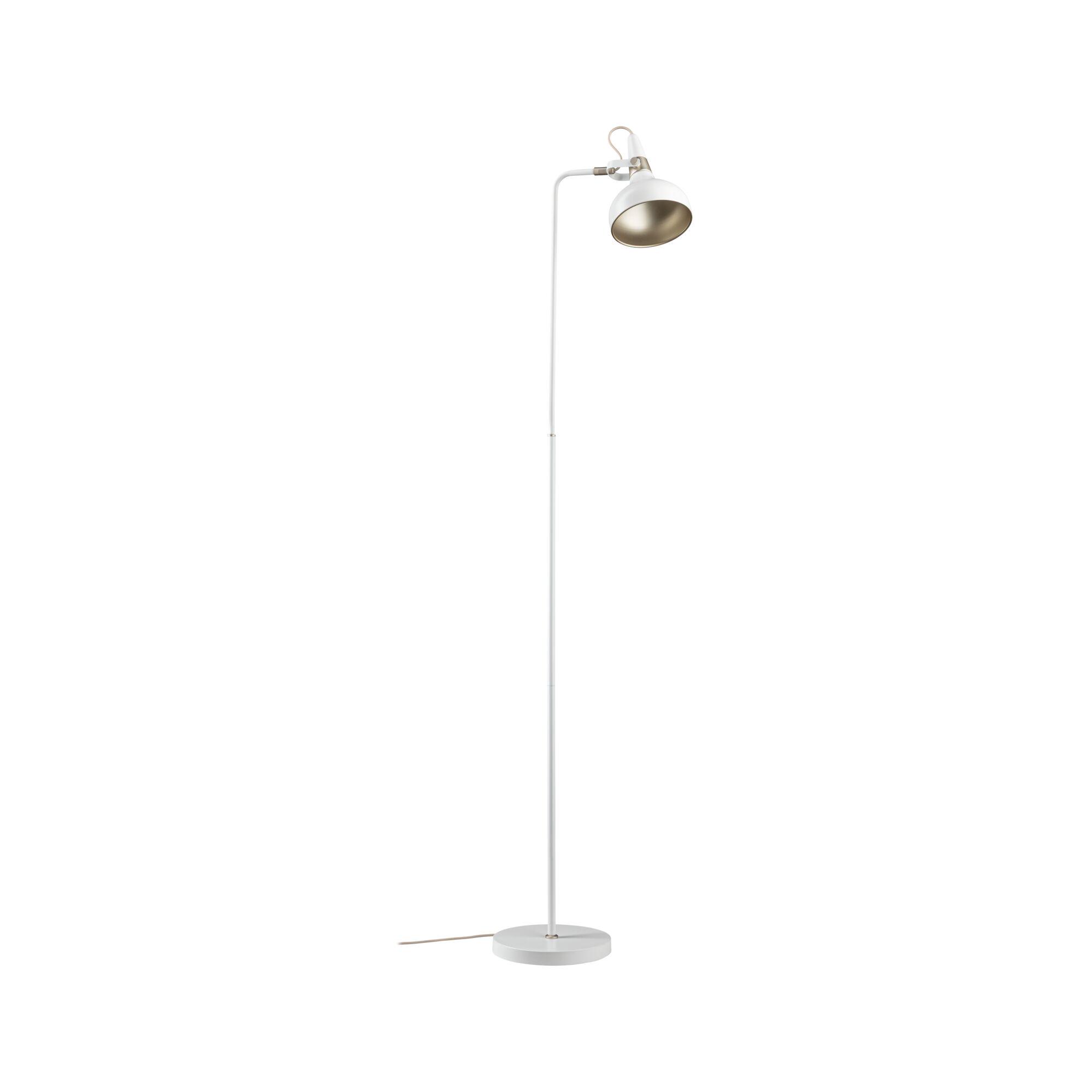 White metal floor lamp with adjustable gold-tone shade for living room lighting