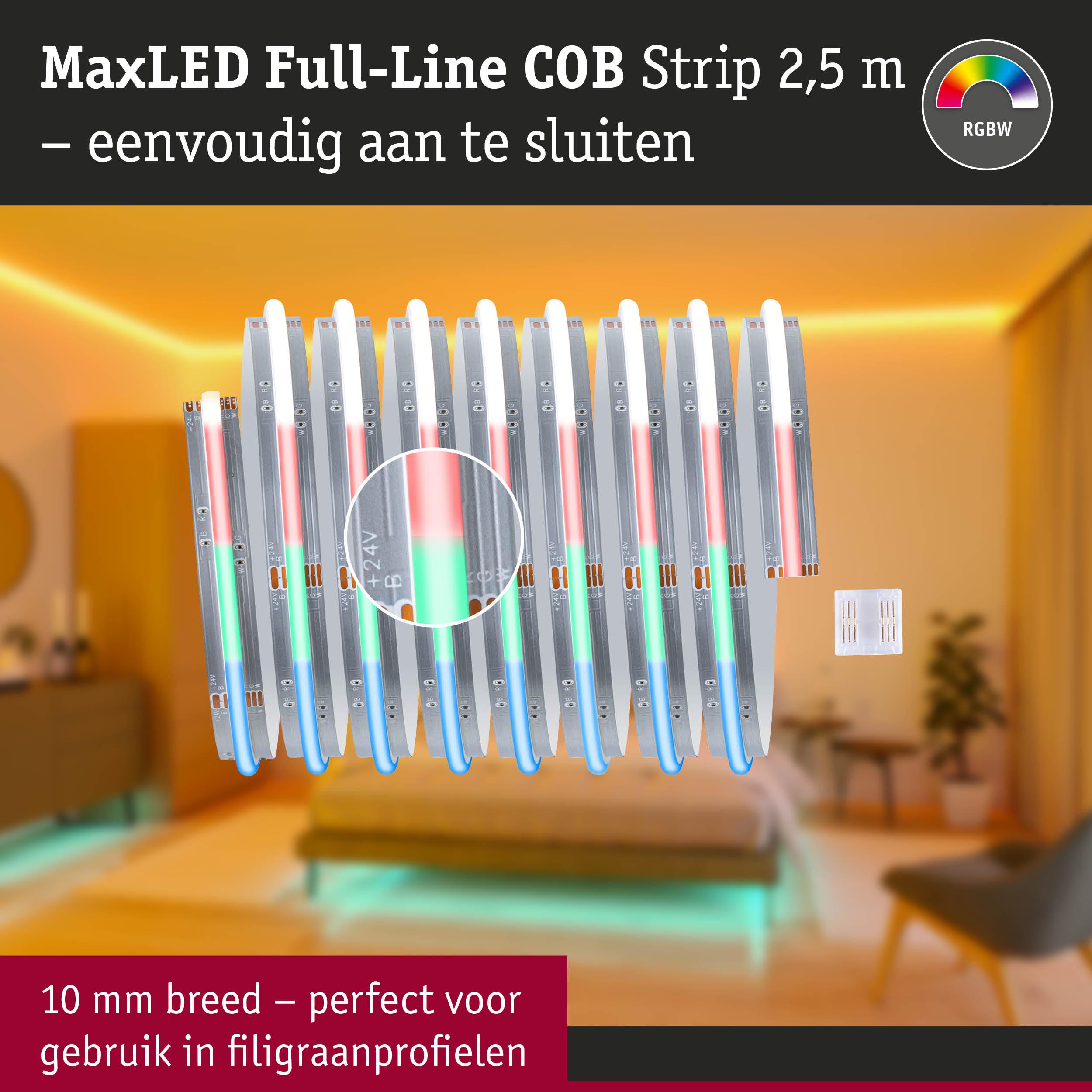 MaxLED Full-Line COB strip 2,5 m RGBW eenvoudig aan te sluiten, perfect voor gebruik in filigraanprofielen