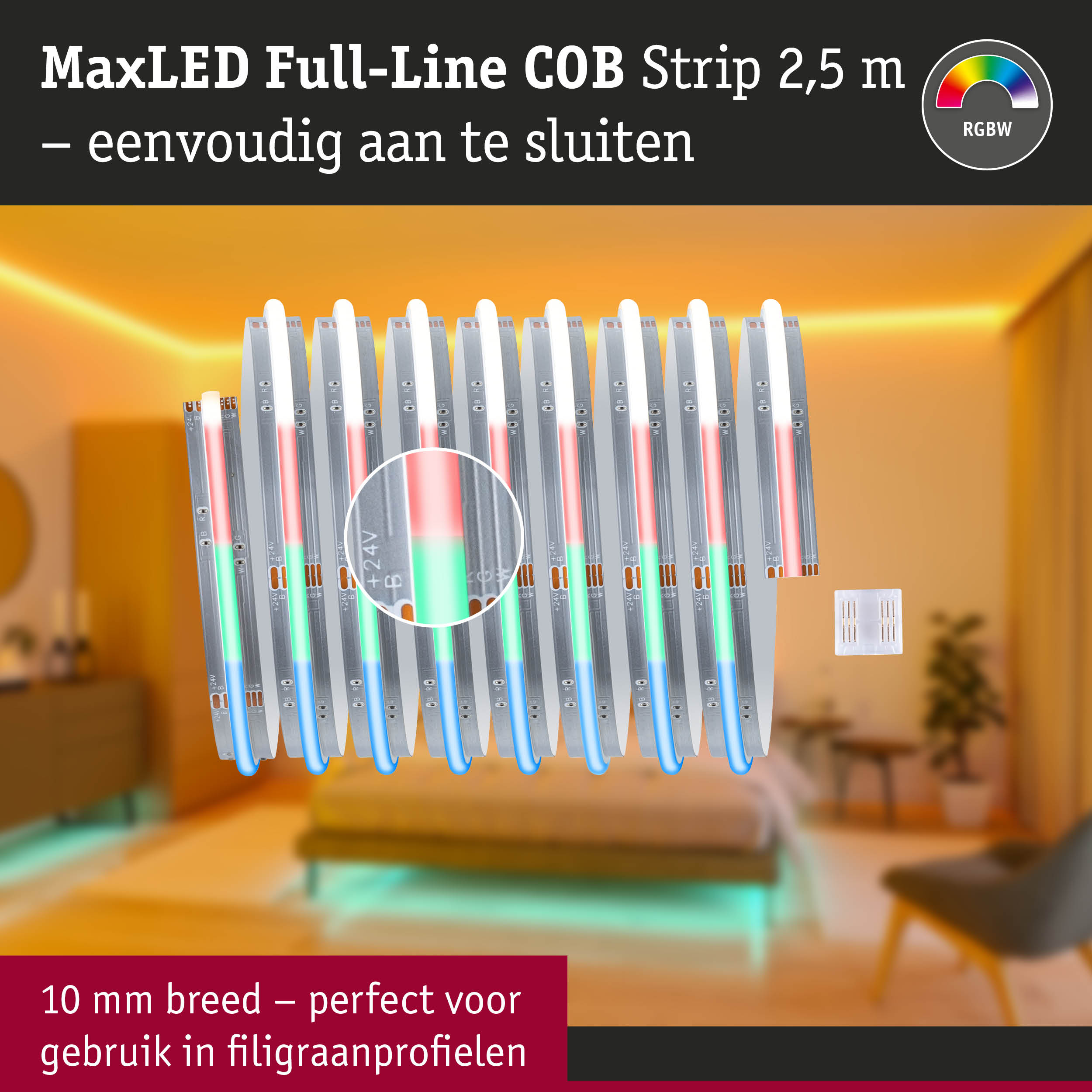 MaxLED Full-Line COB strip 2,5 m RGBW eenvoudig aan te sluiten, perfect voor gebruik in filigraanprofielen