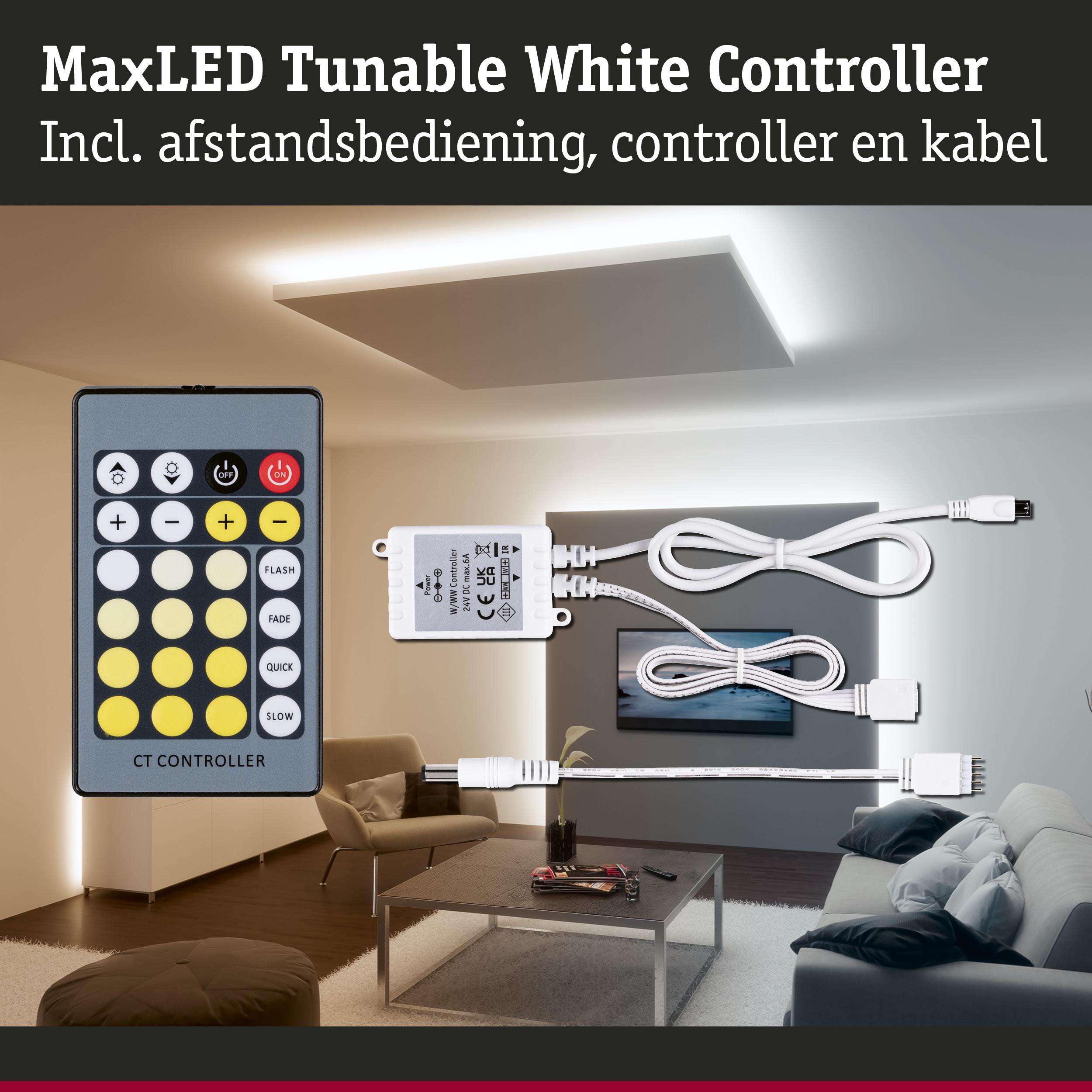 MaxLED Tunable White Controller met afstandsbediening en kabels voor instelbare LED-verlichting in woonkamers