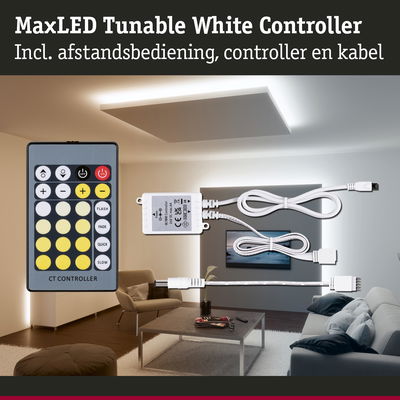 MaxLED Tunable White Controller met afstandsbediening en kabels voor instelbare LED-verlichting in woonkamers