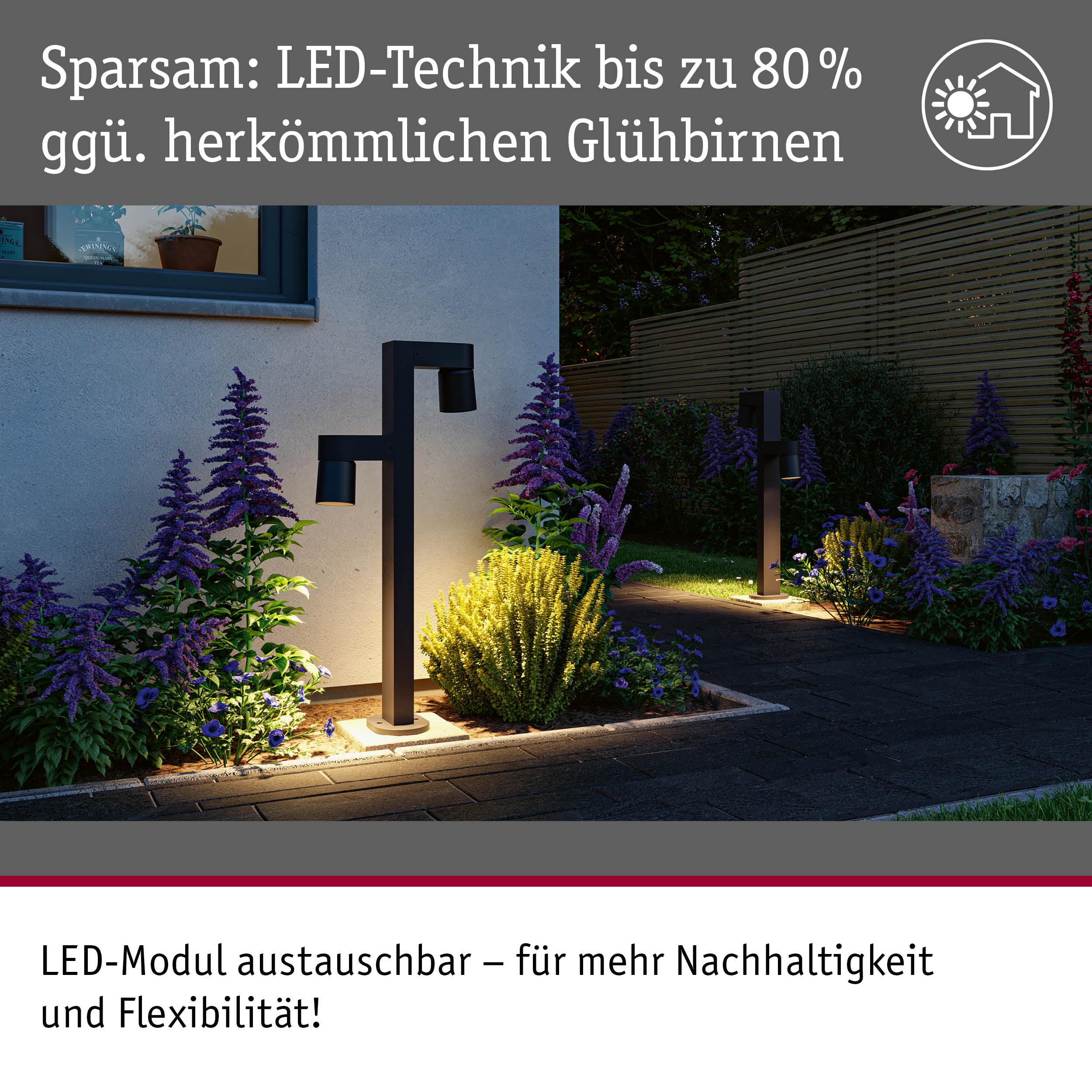 Moderne schwarze LED-Außenleuchte mit austauschbarem Modul beleuchtet Gartenweg nachhaltig und energiesparend