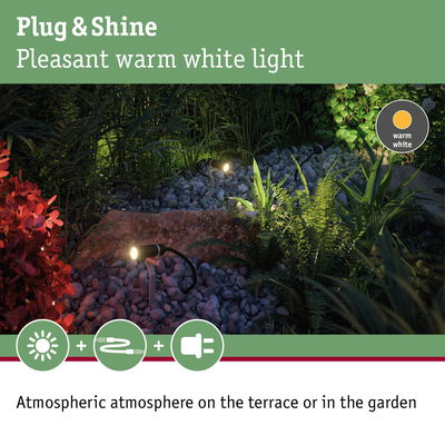 Outdoor spotlights with warm white light on stones and plants for atmospheric garden lighting
