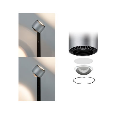 Modern silver aluminum LED outdoor spotlight with black pole and exploded view of lens components