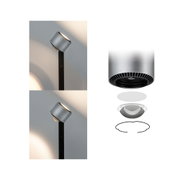 Modern silver brushed aluminium LED spotlight on black stand for accent lighting in interiors