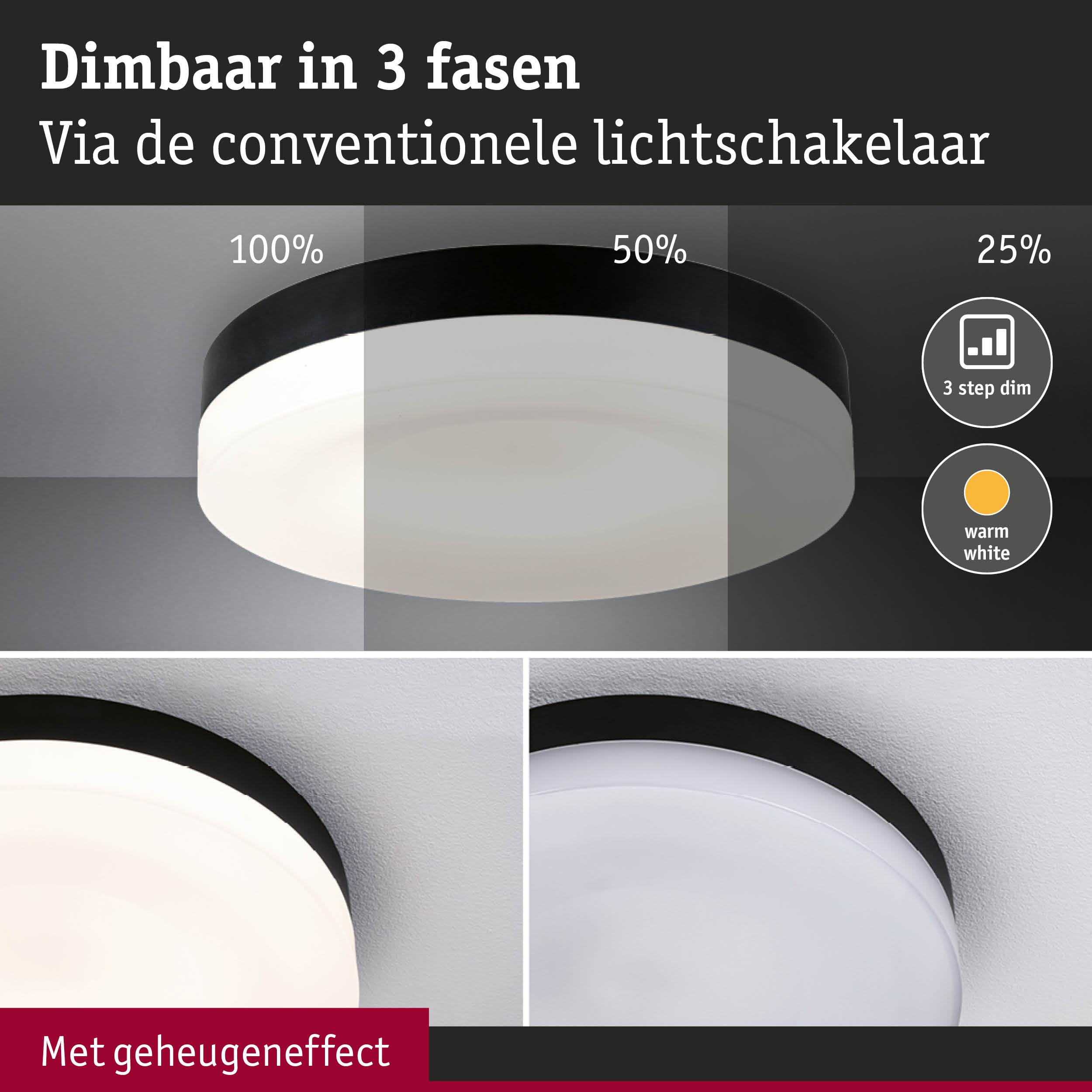 Ronde plafondlamp met zwarte rand dimbaar in drie stappen met warm wit licht en geheugeneffect