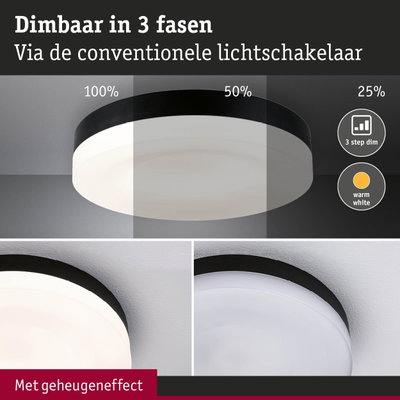 Ronde plafondlamp met zwarte rand dimbaar in drie stappen met warm wit licht en geheugeneffect