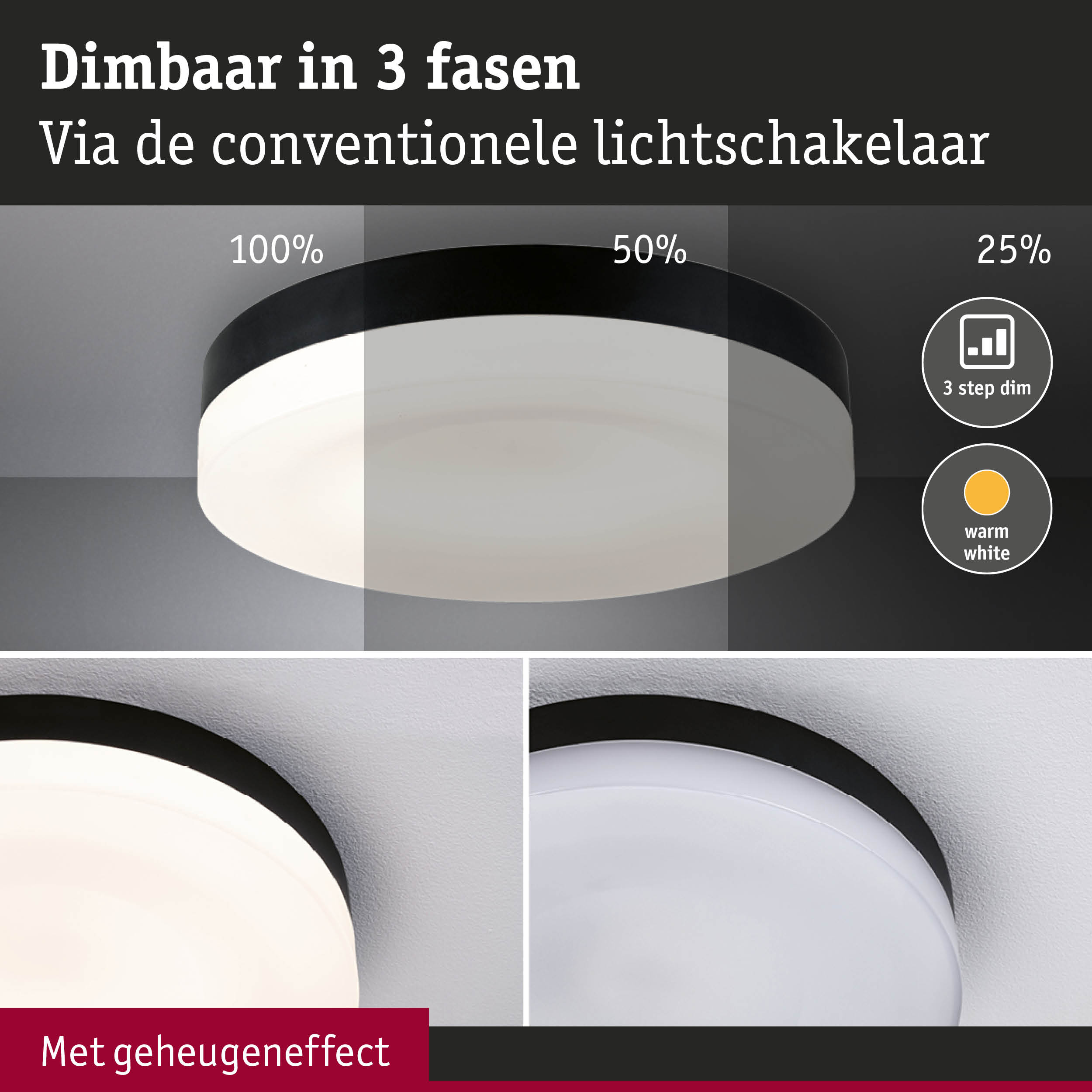 Ronde plafondlamp met zwarte rand, dimbaar in drie stappen met warm wit licht