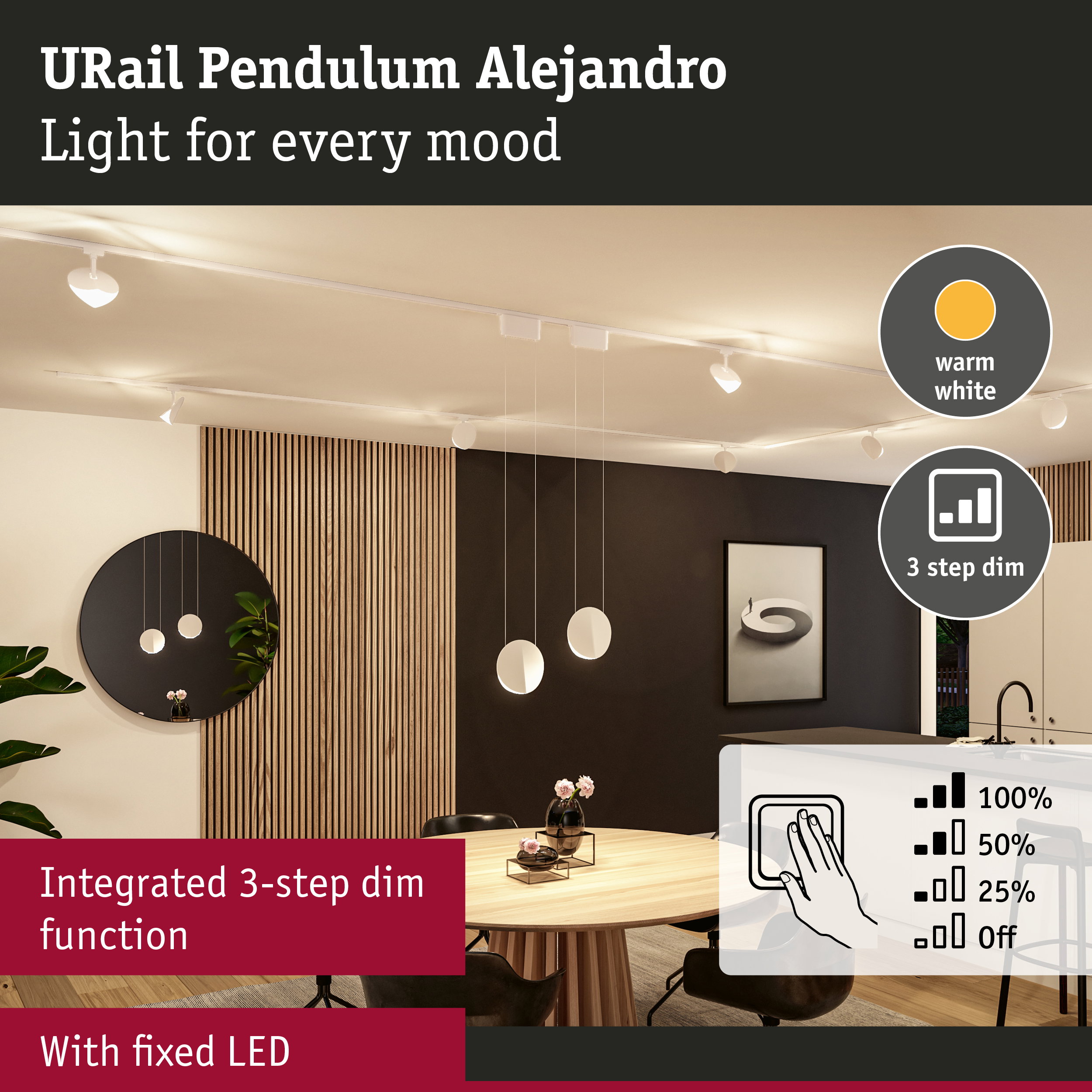 URail Pendulum Alejandro white pendant light with integrated 3-step dim function and warm white LED lighting