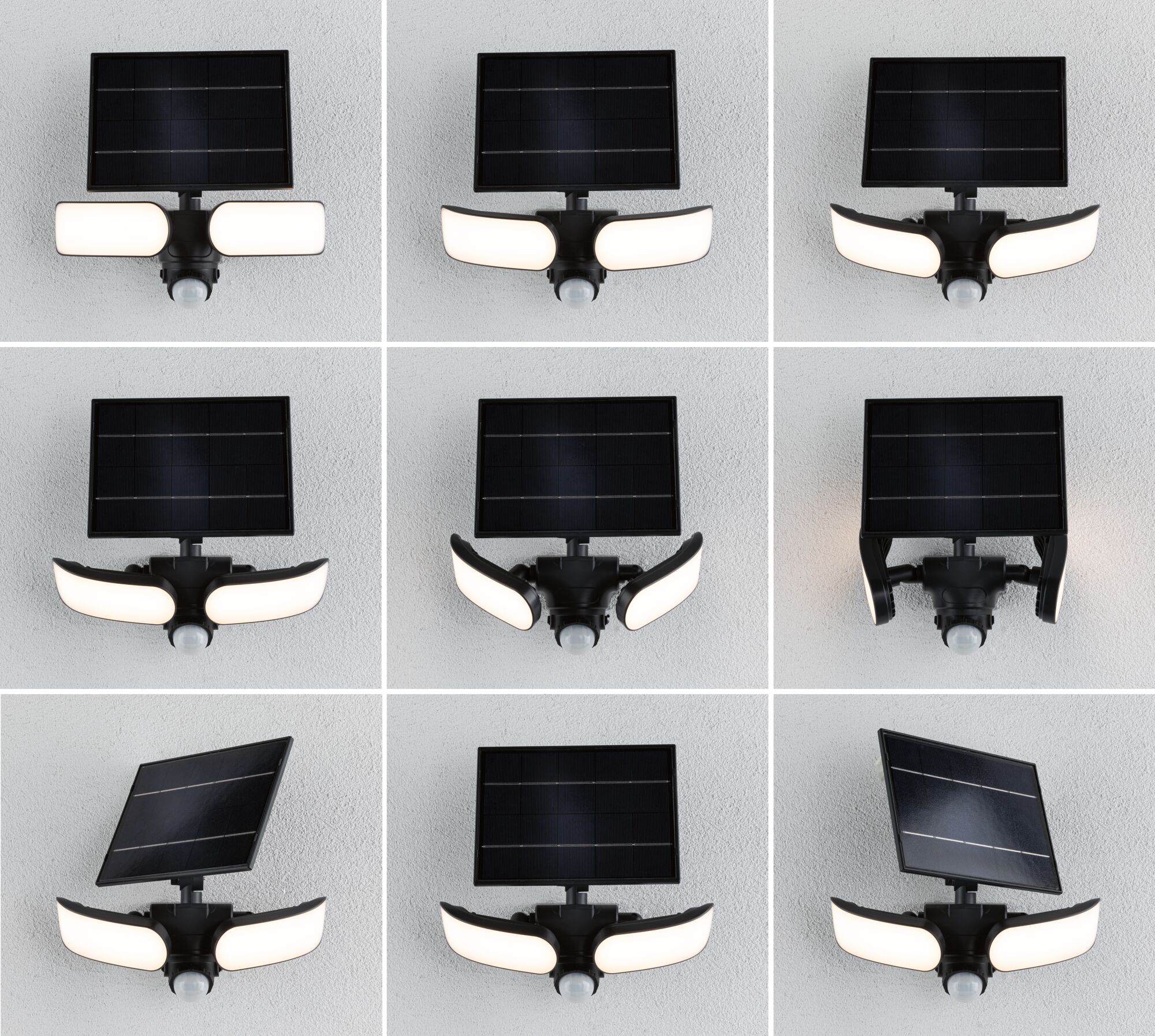 Schwarze Solar-Außenleuchte mit verstellbarem Solarpanel und zwei weißen LED-Leuchtflächen für Gartenbeleuchtung