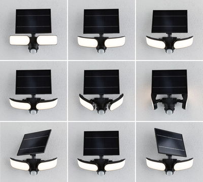 Schwarze Solar-Außenleuchte mit verstellbarem Solarpanel und zwei weißen LED-Leuchtflächen für Gartenbeleuchtung