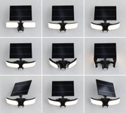 Schwarze Solar-Außenleuchte mit verstellbarem Solarpanel und zwei weißen LED-Leuchtflächen für Gartenbeleuchtung