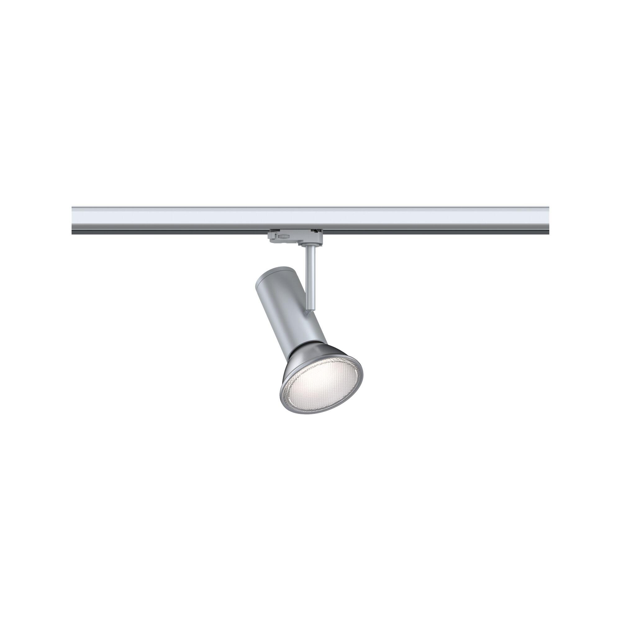 Modern silver metal LED spotlight for track systems, dimmable indoor lighting solution