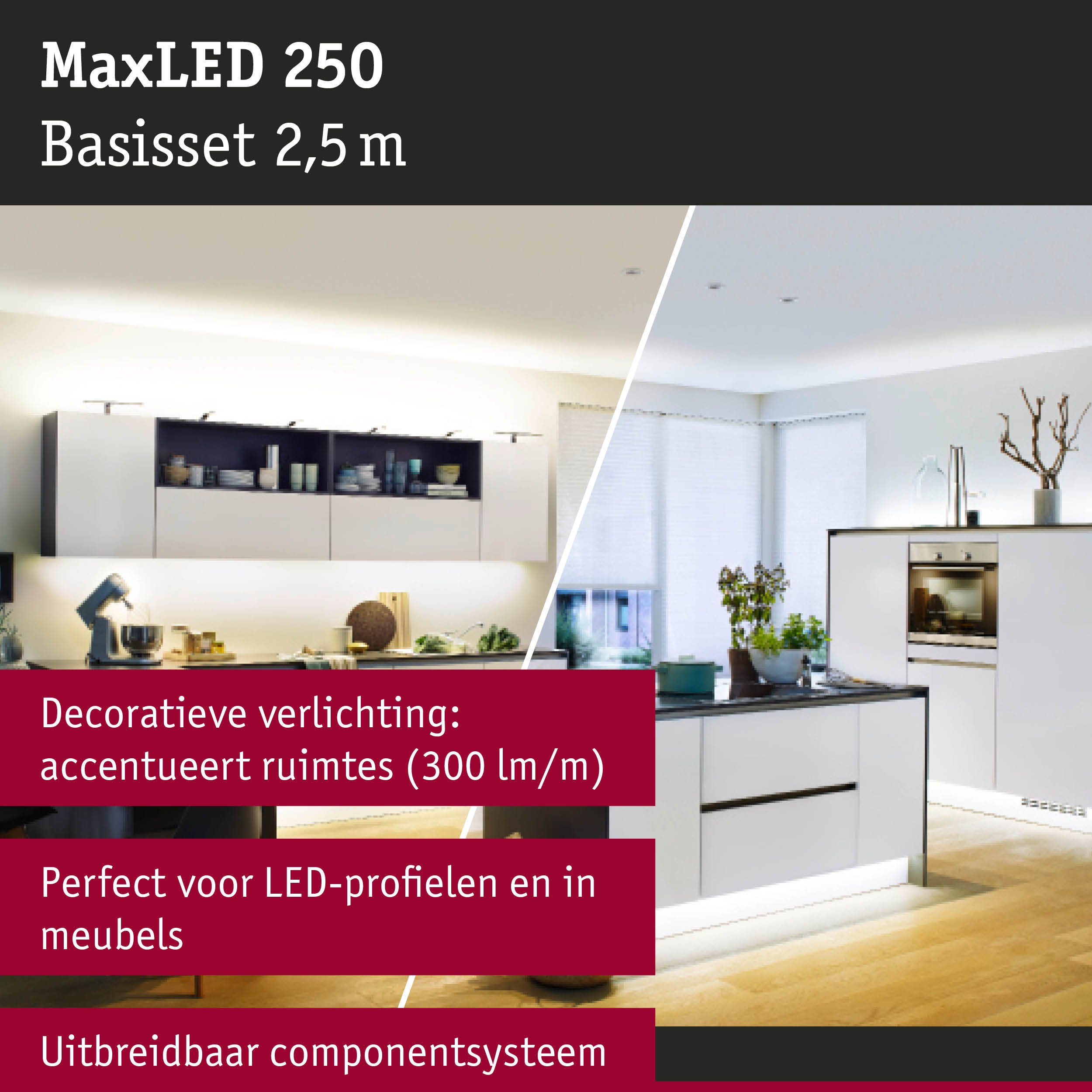 Moderne witte keuken met LED-verlichting onder kasten en eiland, houten vloer