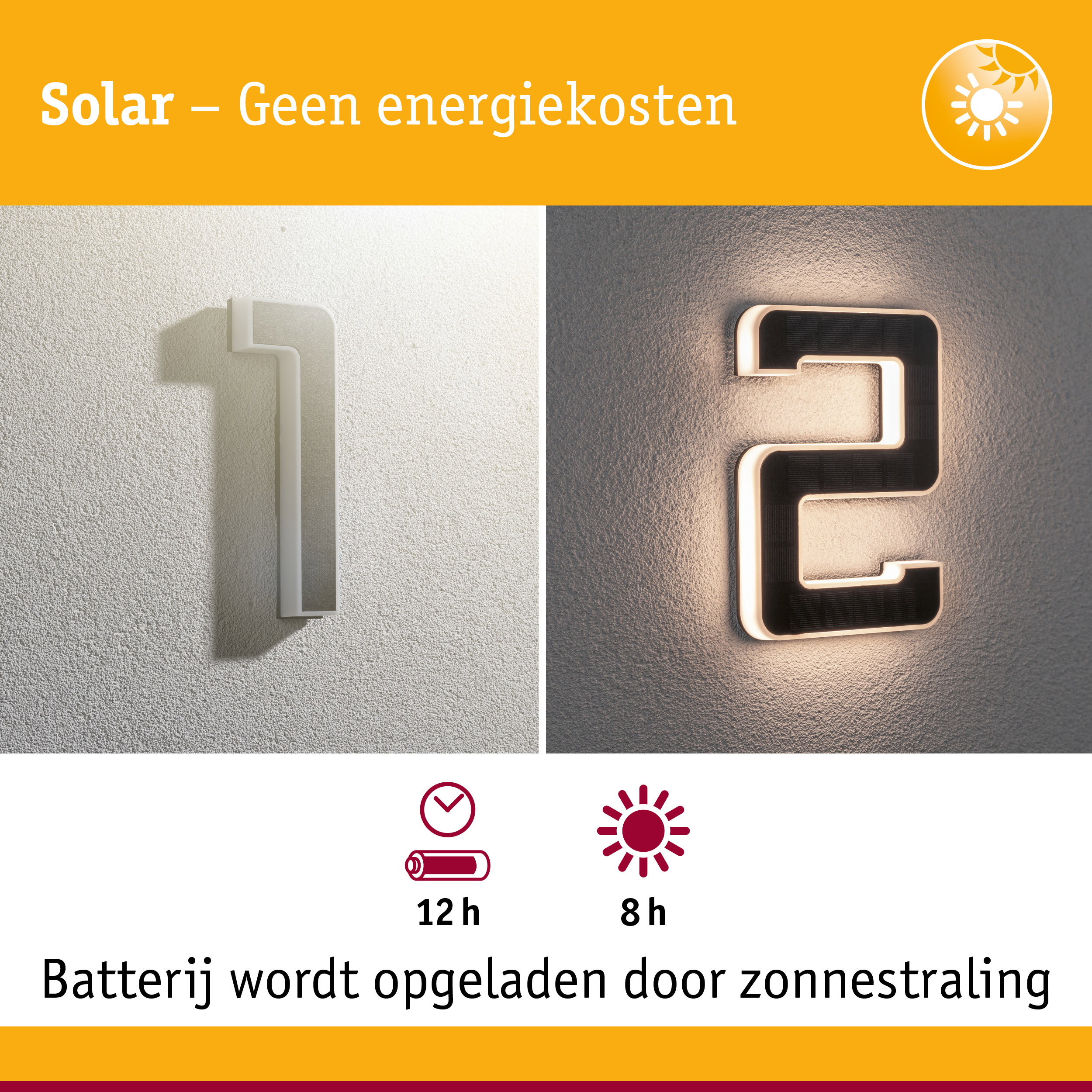 Zonne-energie huisnummerverlichting met witte en zwarte behuizing aan muur gemonteerd