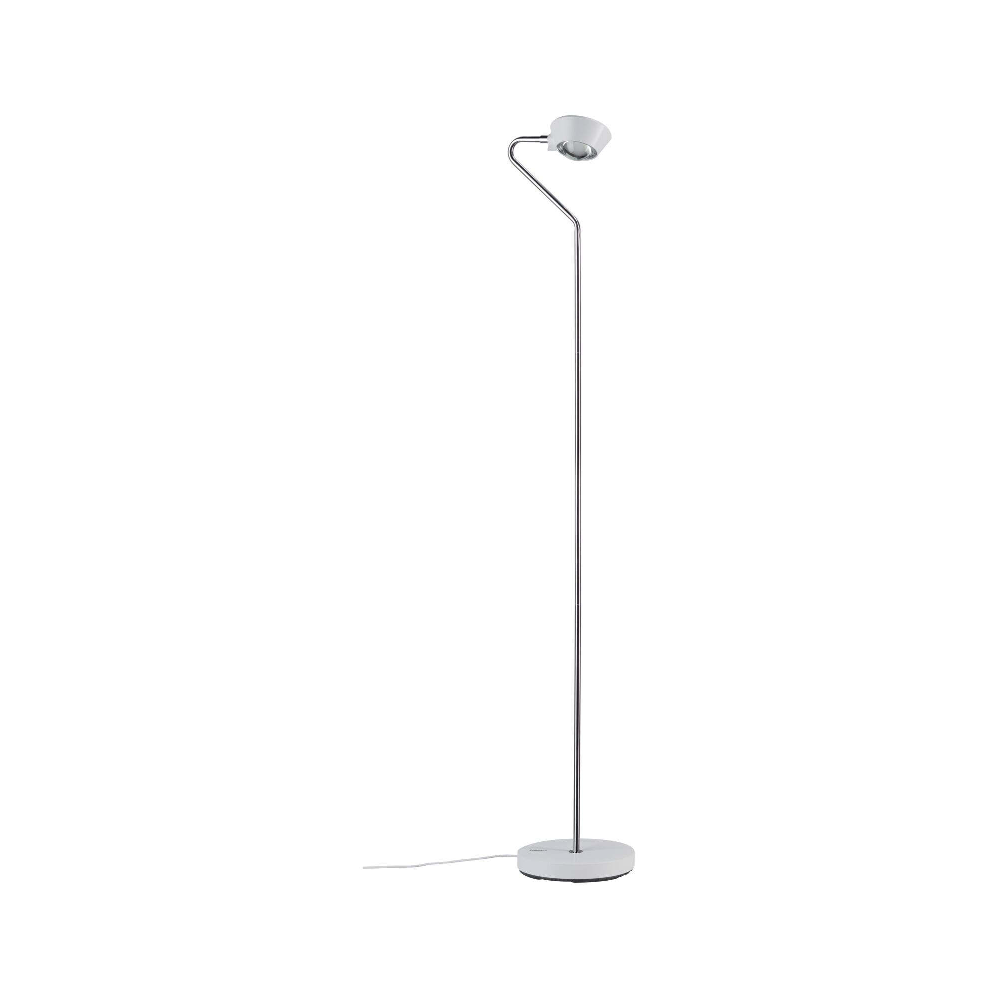 Modern floor lamp with white base and chrome stem, LED light for living room illumination