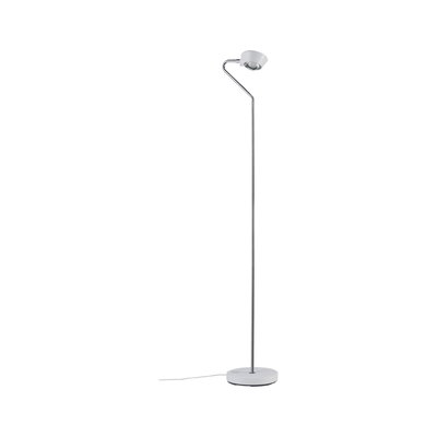Moderne Stehleuchte mit weißem Sockel und verchromtem Stab, LED-Lampe für Wohnraumbeleuchtung