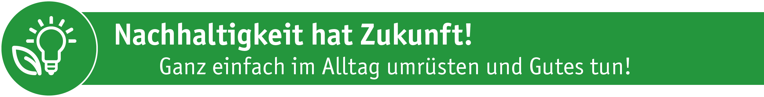 Grünes Banner mit Symbol für nachhaltige Beleuchtung und Text zur einfachen Umrüstung im Alltag.