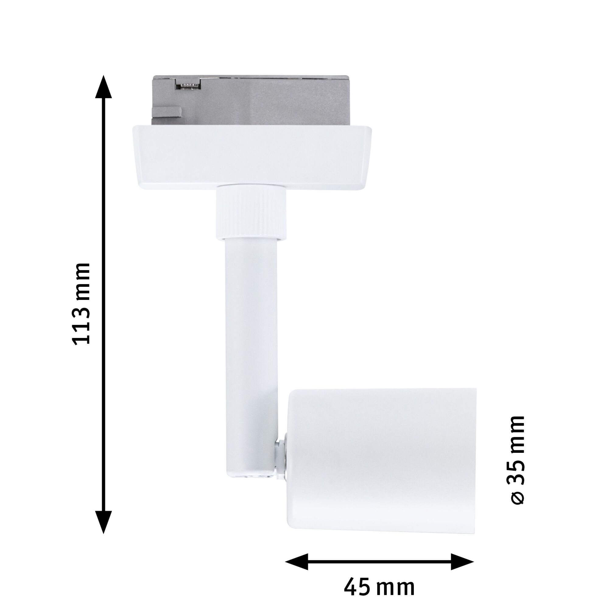 White metal LED spotlight 113 mm high with 35 mm diameter for track lighting systems
