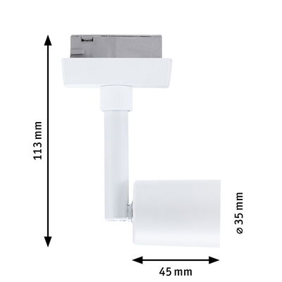 Hvid metal LED-spot på 113 mm højde og 35 mm diameter til skinnesystemer