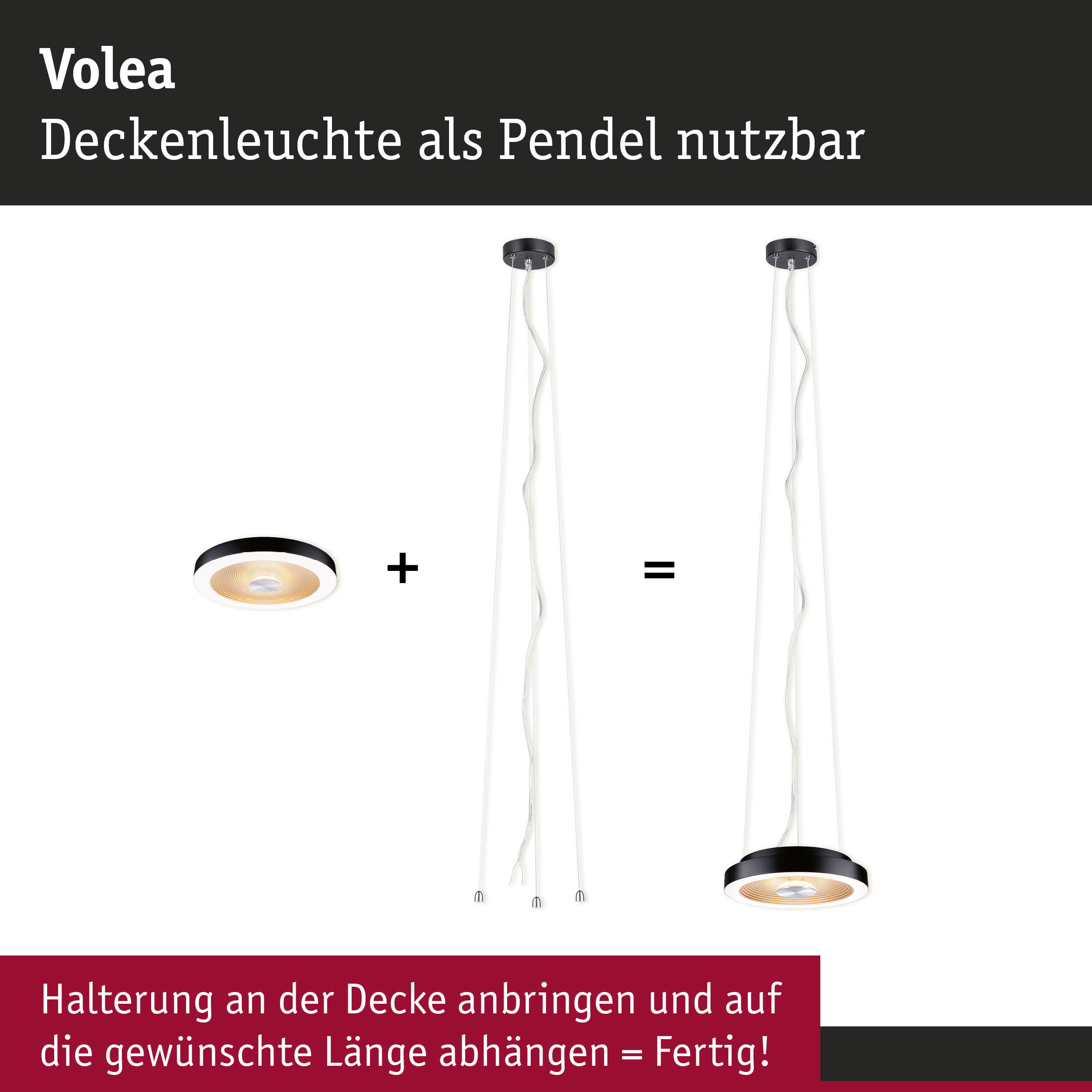 Volea Deckenleuchte in Schwarz mit warmweißem Licht, als Pendel nutzbar, moderne LED Beleuchtung