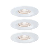 Three white metal recessed spotlights with warm white LED light for modern room lighting