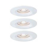 Three white metal recessed spotlights with warm white LED light for modern room lighting