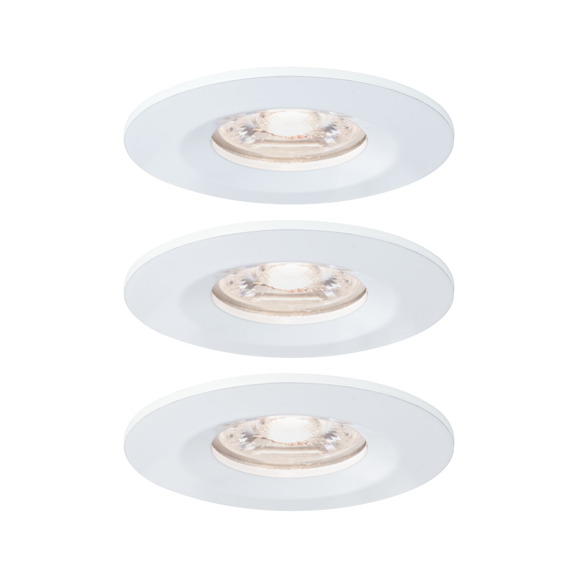 Three white metal recessed spotlights with warm white light for modern indoor lighting