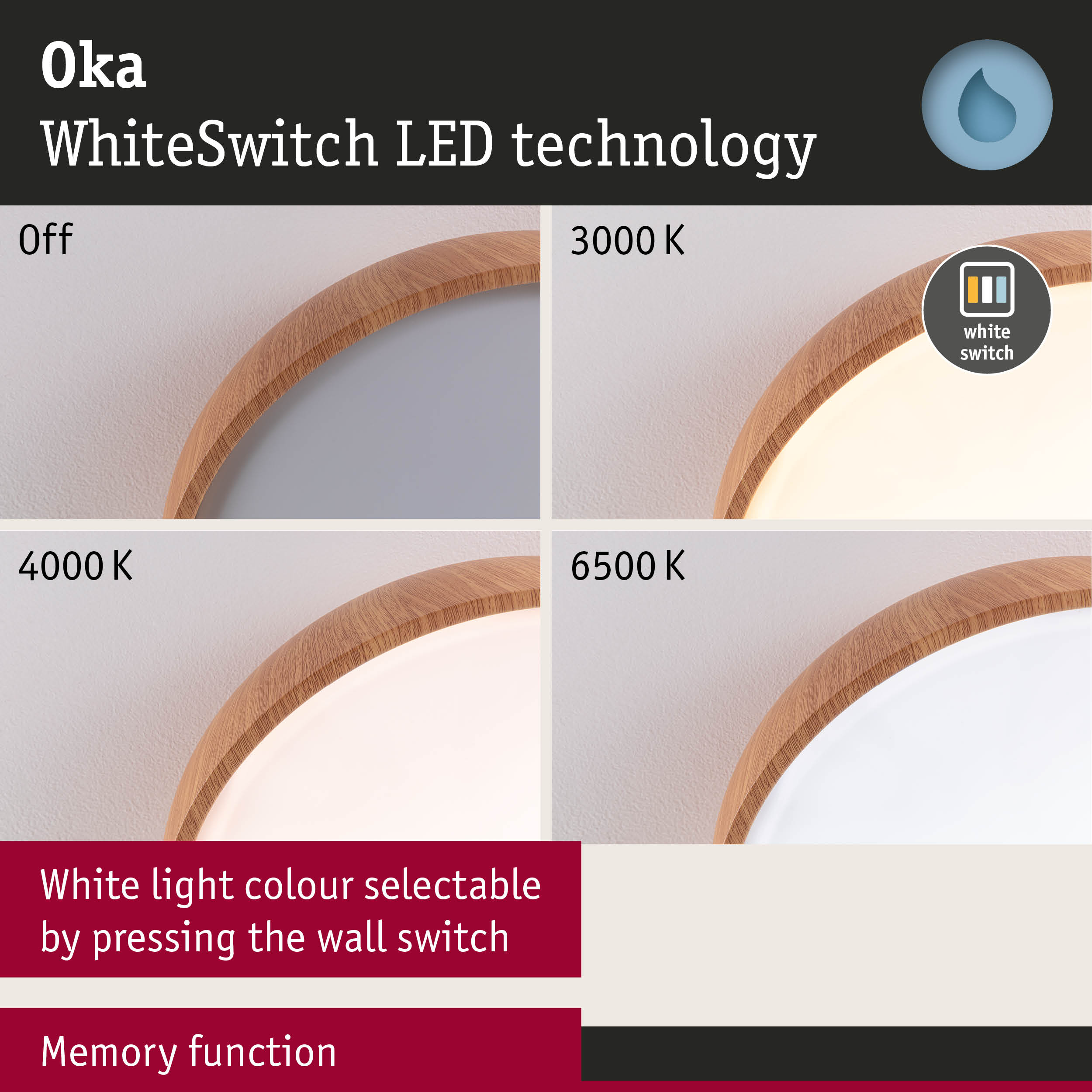 Wood frame ceiling light with WhiteSwitch LED technology and adjustable white light colour from 3000 to 6500 K