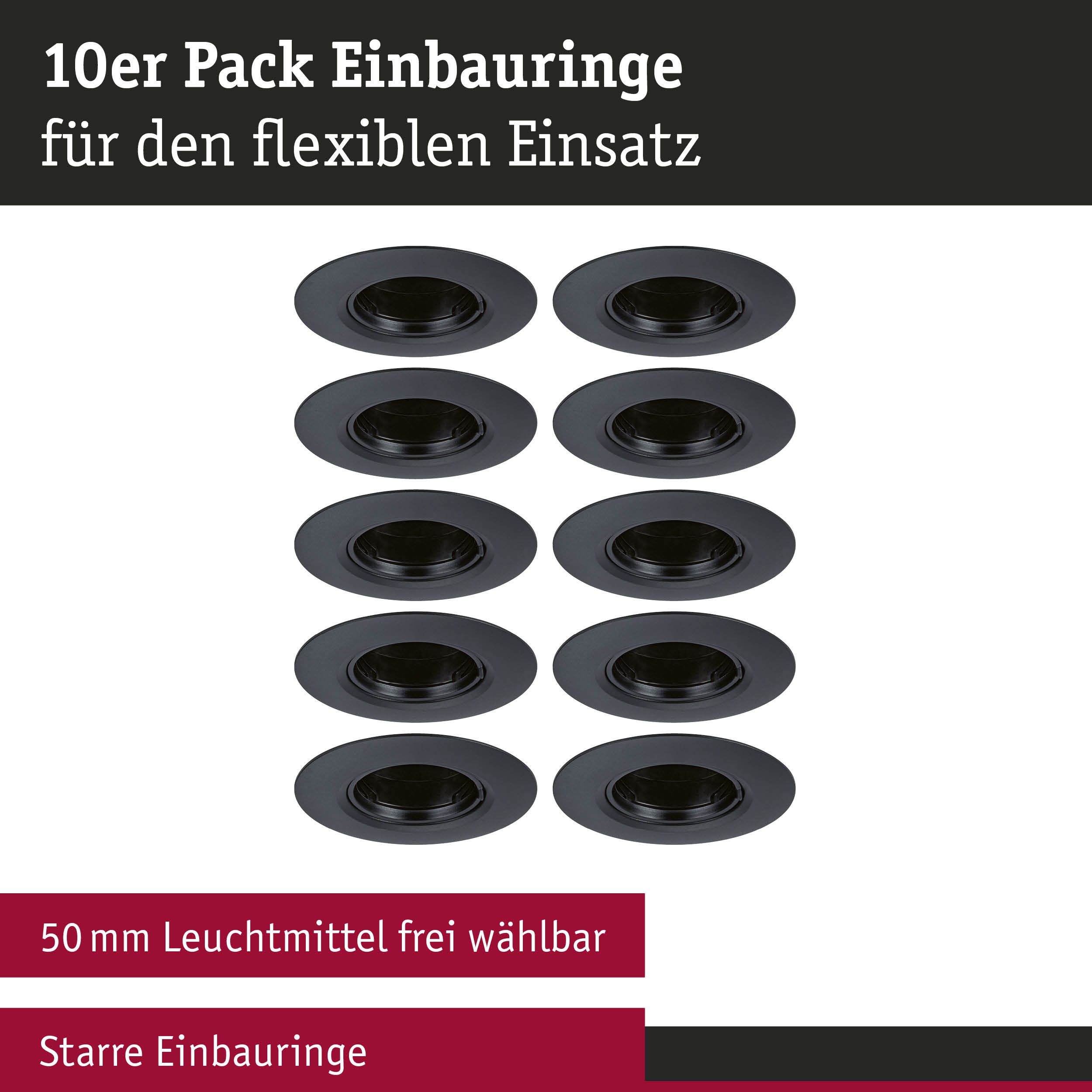 10er Pack schwarze Einbauringe aus Metall für flexible LED-Einbaustrahler mit 50 mm Leuchtmittel