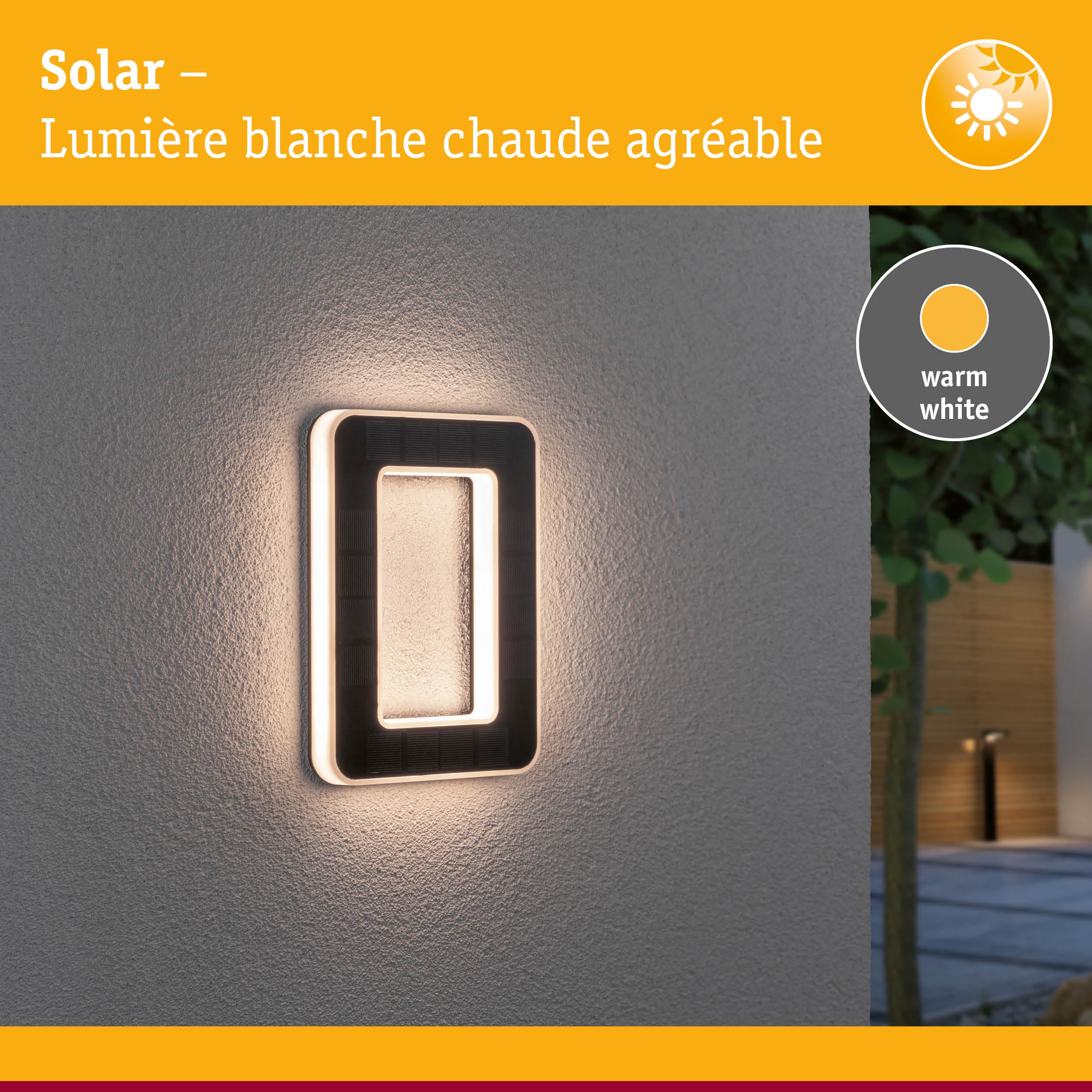 Applique murale solaire noire avec lumière blanche chaude pour éclairage extérieur et jardin