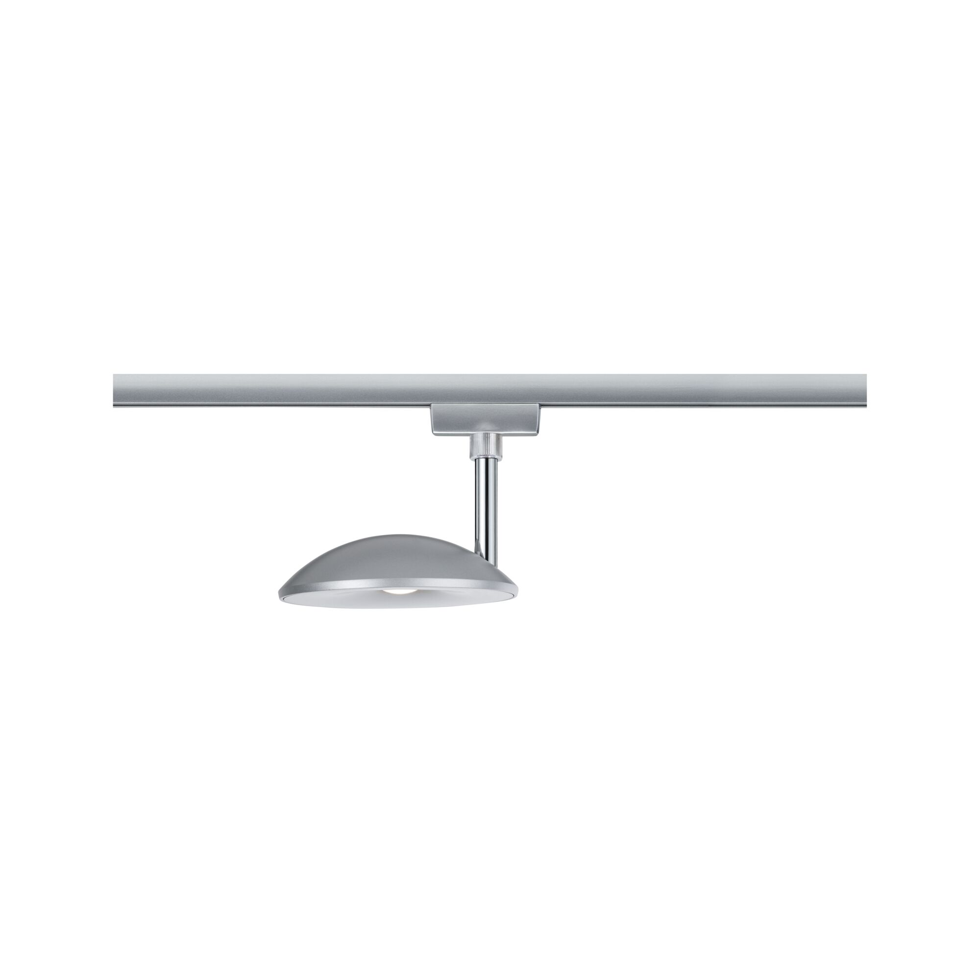 Moderner silberner LED-Deckenspot aus Metall mit rundem Schirm für Schienensysteme