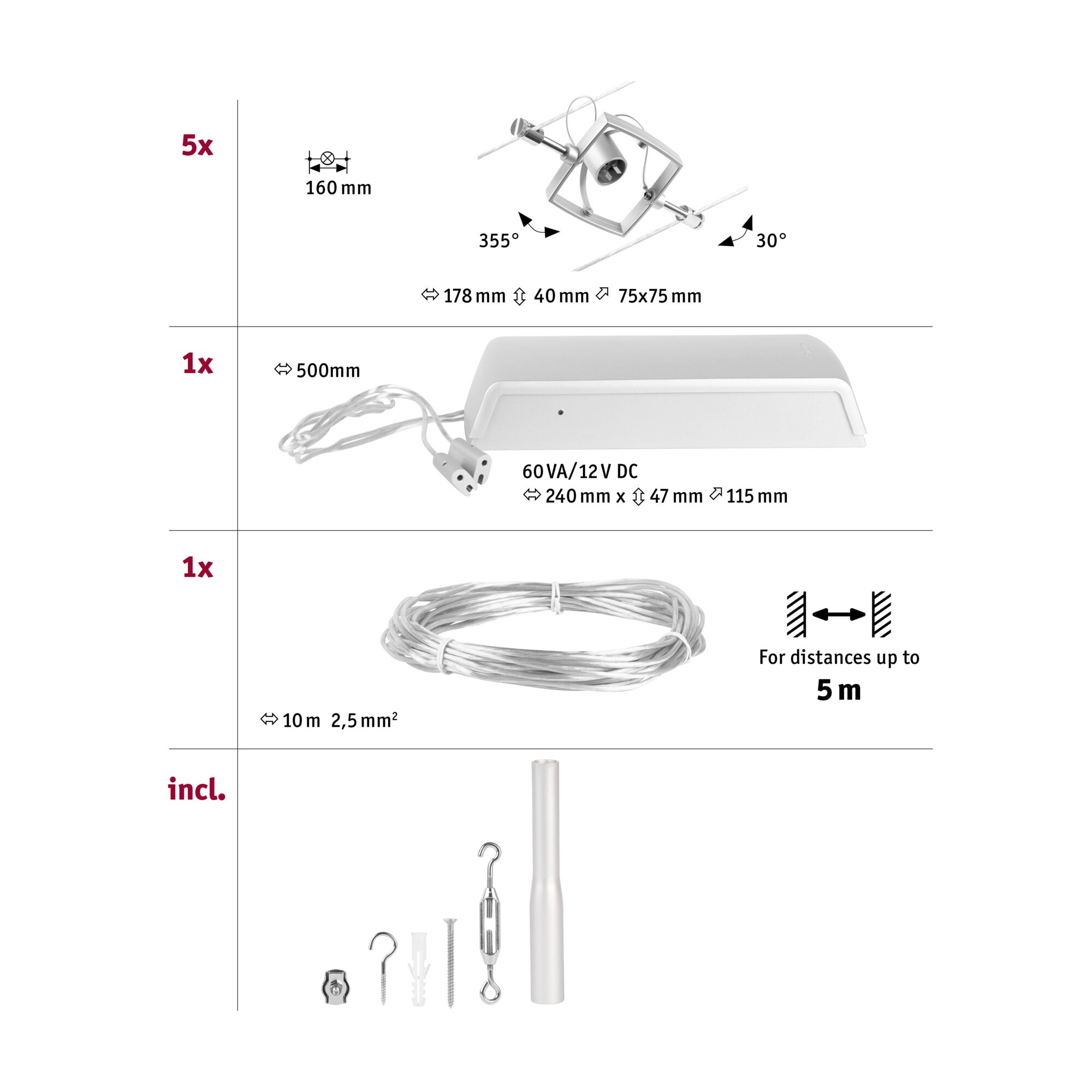 Technische Zeichnung mit Maßen von Kabelstrahler, Trafo, 10m Kabel und Montagematerial in Silber und Weiß