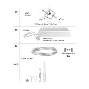 Technische Zeichnung mit Maßen von Kabelstrahler, Trafo, 10m Kabel und Montagematerial in Silber und Weiß