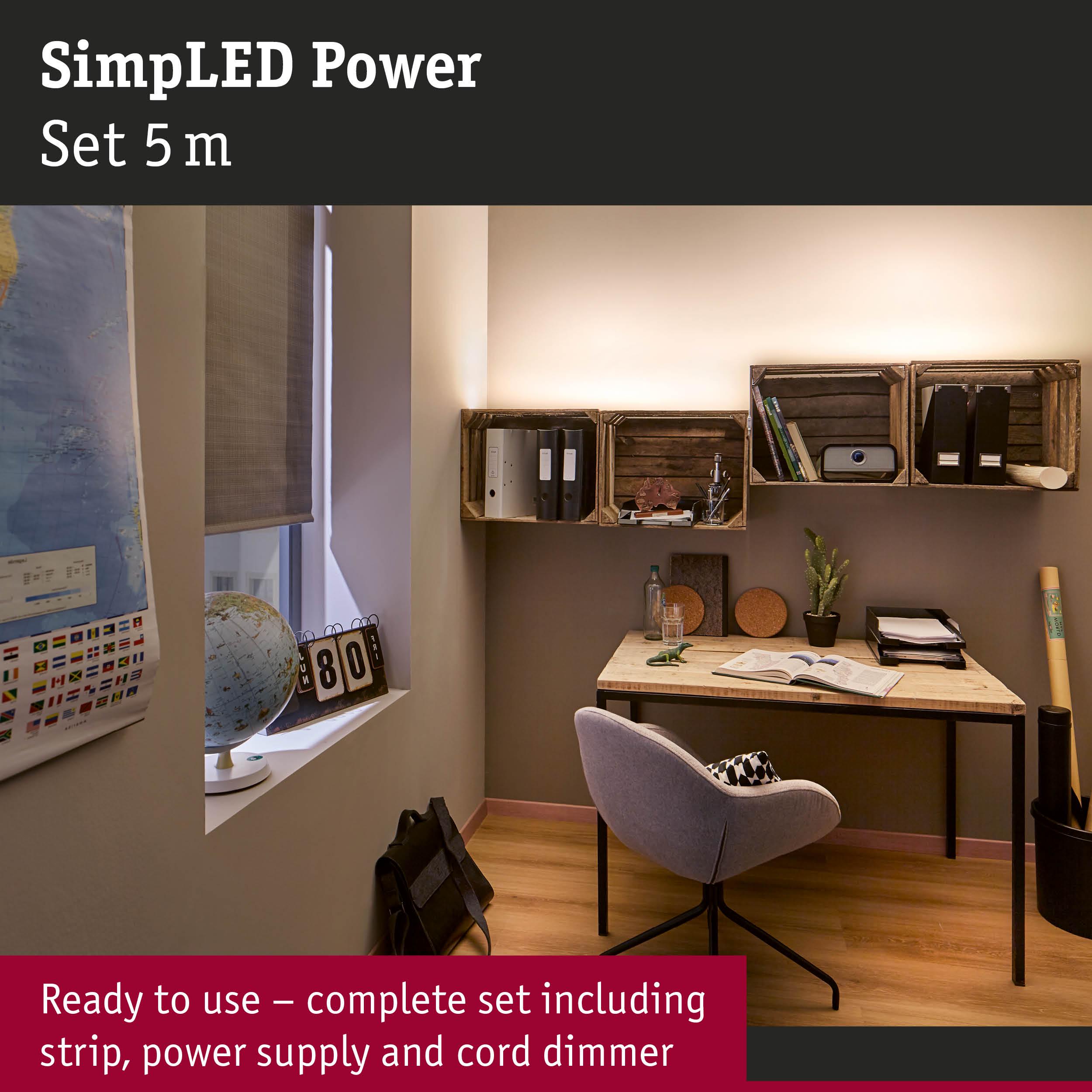 SimpLED Power 5m LED strip set with power supply and dimmer, warm white lighting for home office desk