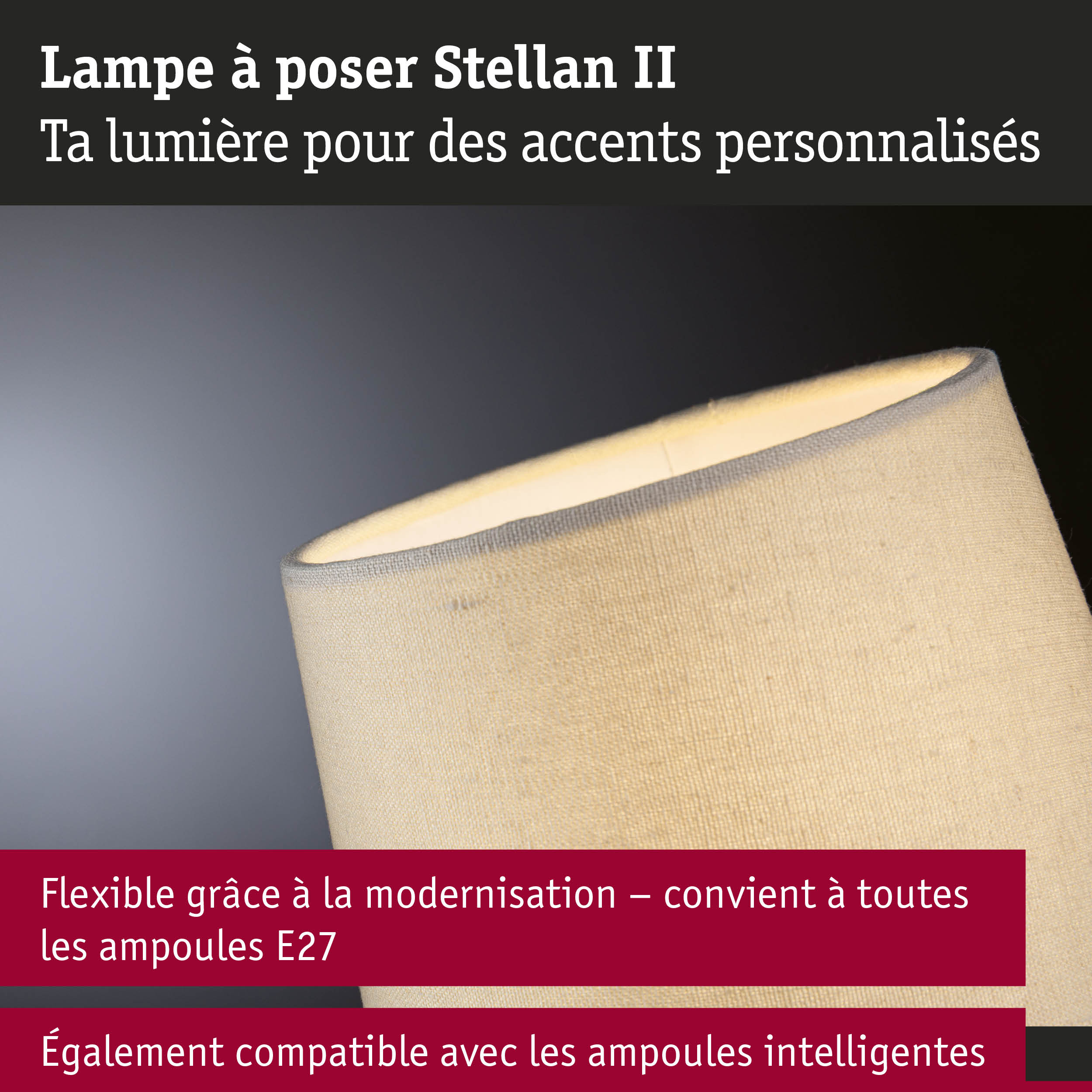 Lampe à poser Stellan II avec abat-jour en tissu beige, compatible ampoules E27 et intelligentes
