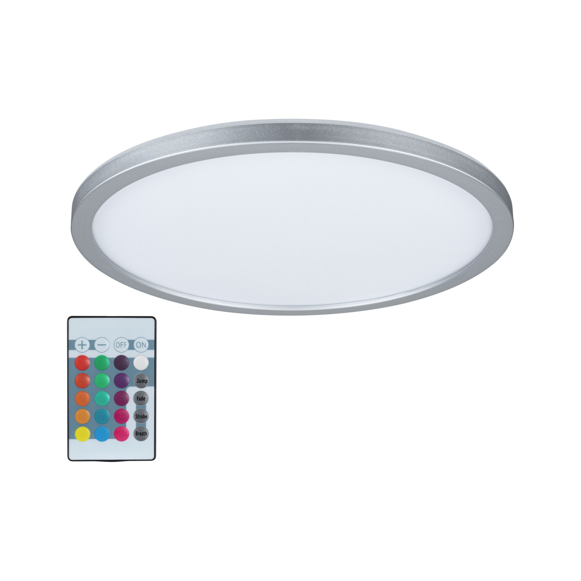 Runde LED-Deckenleuchte mit silbernem Aluminiumrahmen und Fernbedienung für Farbwechsel und Helligkeit