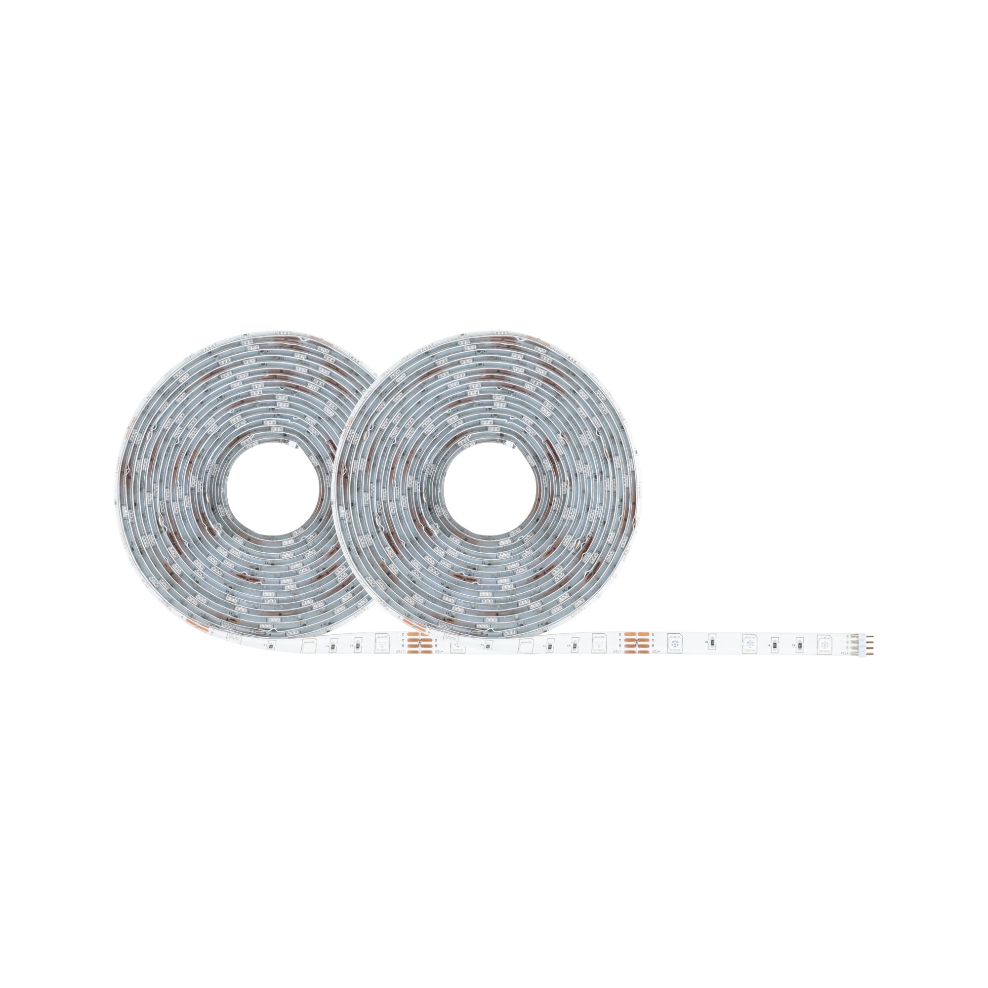 Two rolled white LED light strips with visible LEDs and copper contacts for flexible lighting solutions.