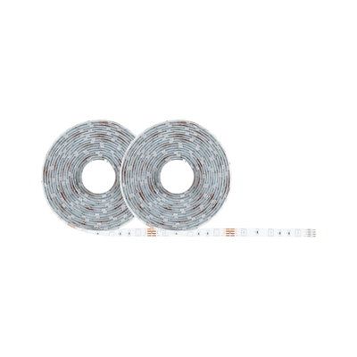 Two rolled white LED light strips with visible LEDs and copper contacts for flexible lighting solutions.