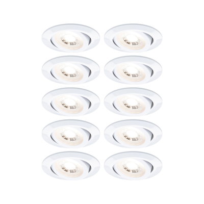 Ten white recessed spotlights with adjustable heads for flexible LED ceiling lighting