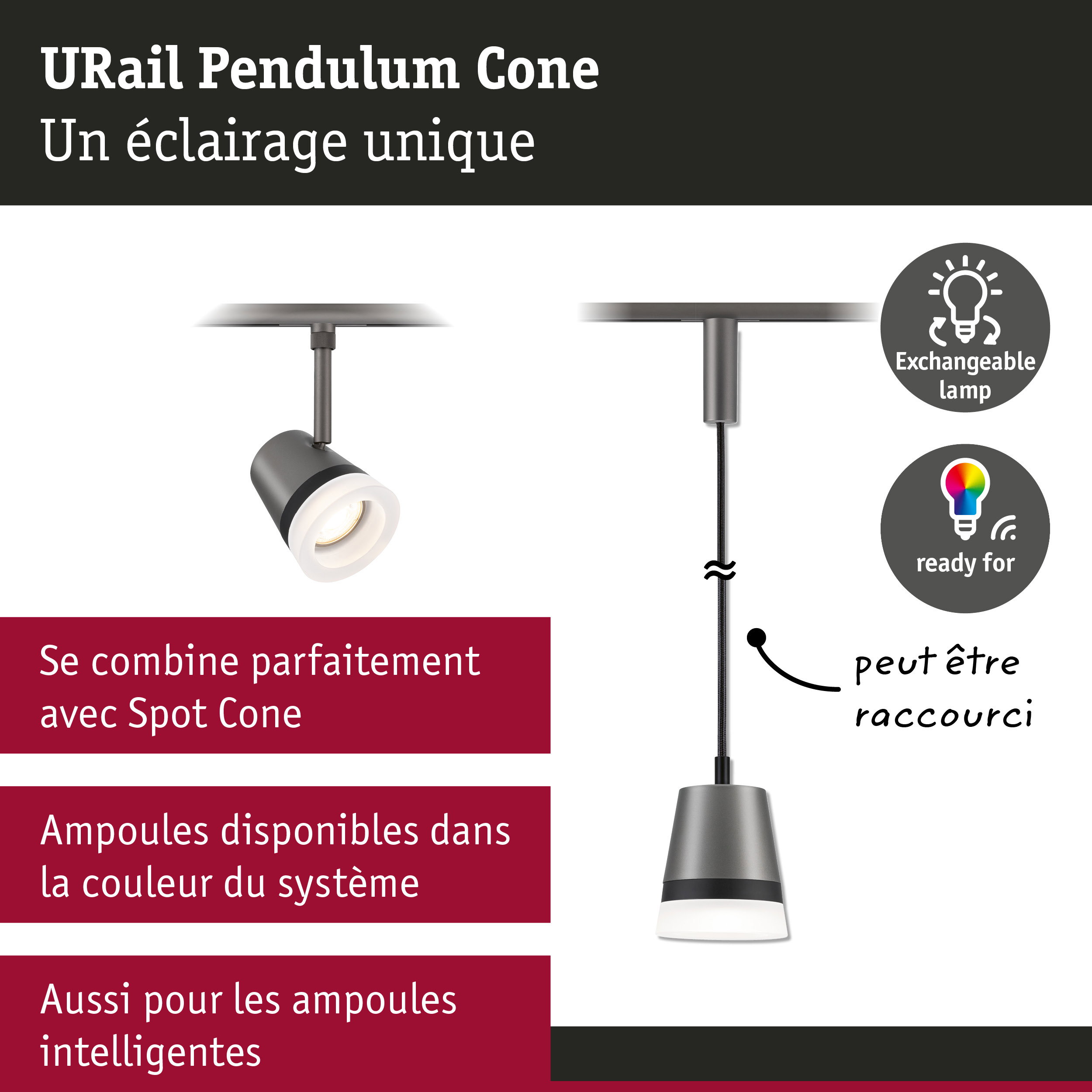 URail Suspension Cone GU10 max. 10W gradable 230V Titanium