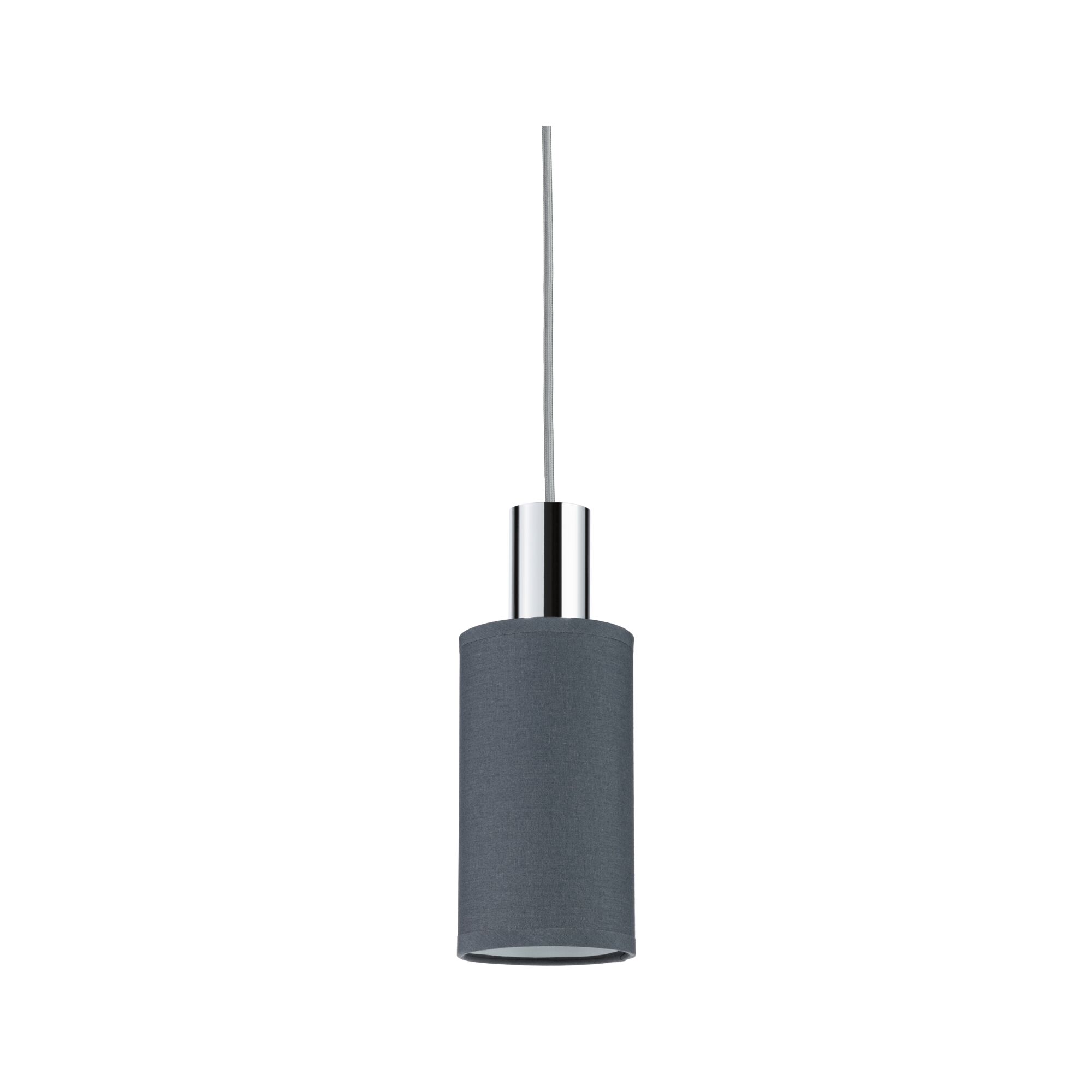 Modern pendant light with grey fabric shade and chrome metal for stylish room lighting