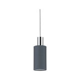 Modern pendant light with grey fabric shade and chrome metal for stylish room lighting